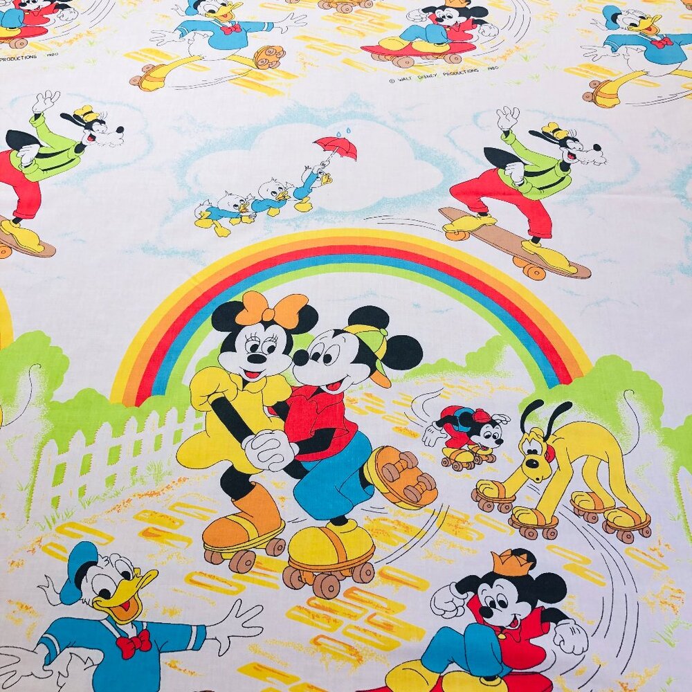 Vintage Mickey Minnie Mouse Friends Roller Skating TWIN Bed FLAT Top Sheet